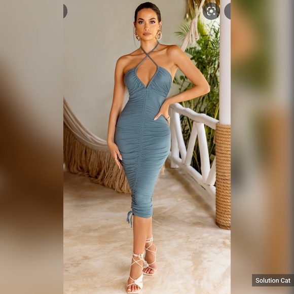 club london Dresses Nwt Slate Blueteal Ruched Midi Dress With Cut